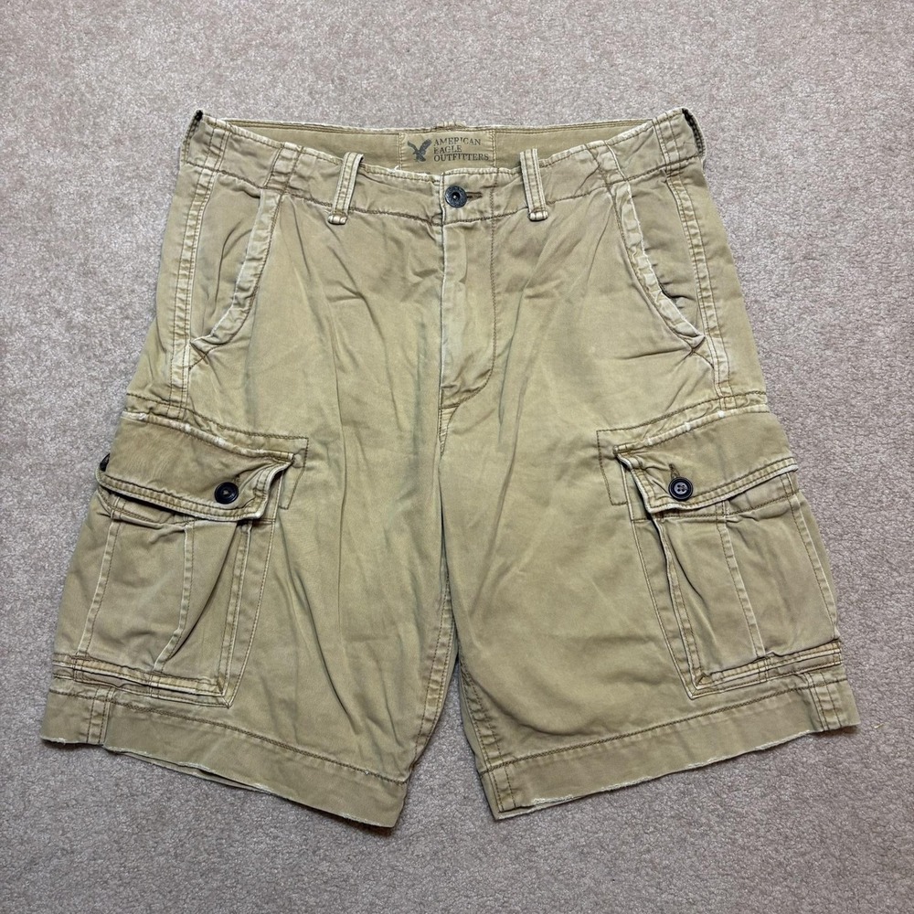 Y2K American Eagle Cargo Shorts Mens 33 Beige Classic Length Chunky Baggy Skater